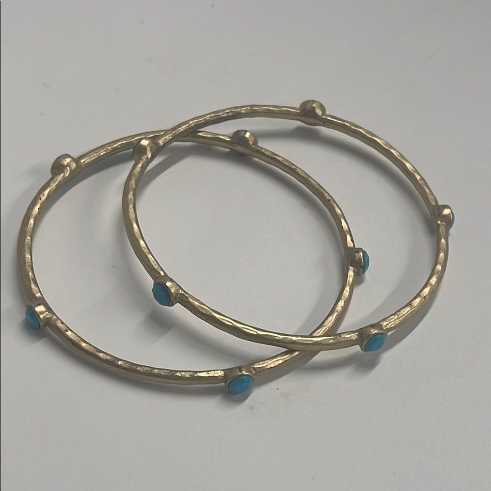 Set Of 2 Hammered Goldtone Bangles With Tourquois… - image 1